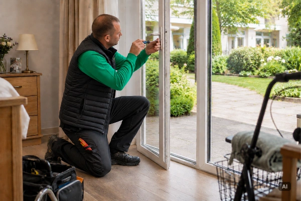 KI-generiert mit ChatGPT durch KUNDENWACHSTUM.de - Ein Techniker überprüft eine Terrassentür bei der Wartung einer Senioreneinrichtung und justiert sorgfältig die Beschläge.